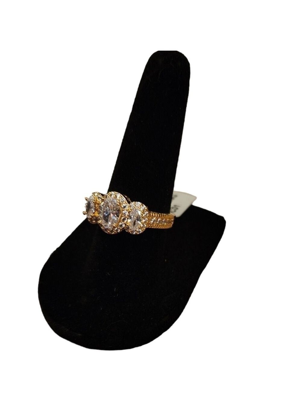 18K Gold Plated 3-Stone Simulated Diamond Halo Ring, 1.65 Ct, NEW - Picture 3 of 6